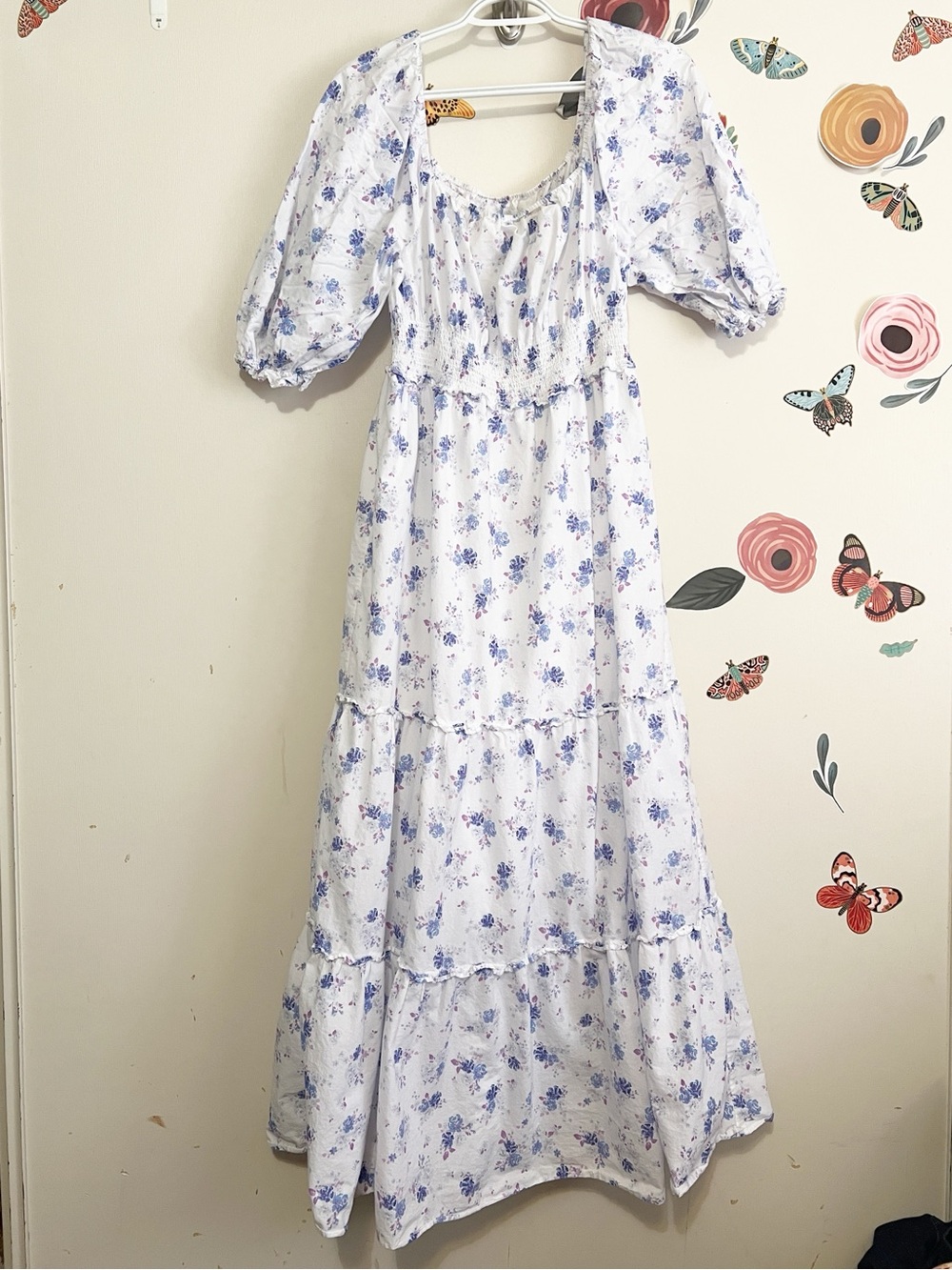 LoveShackFancy White Maxi Dress with Blue Floral Print